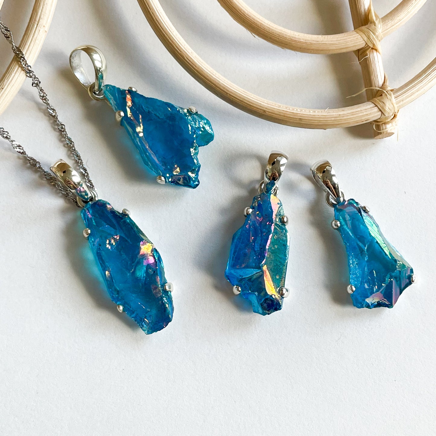 Aqua Aura Quartz Pendant - Solid Sterling Silver