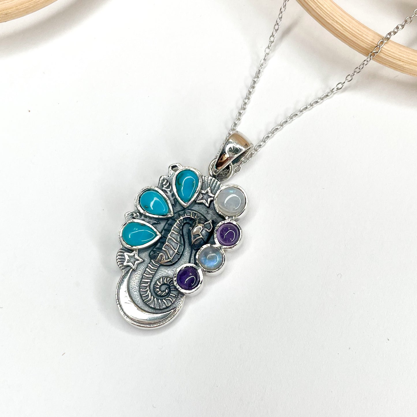 Turquoise & Amethyst Seahorse Pendant - Solid Sterling Silver