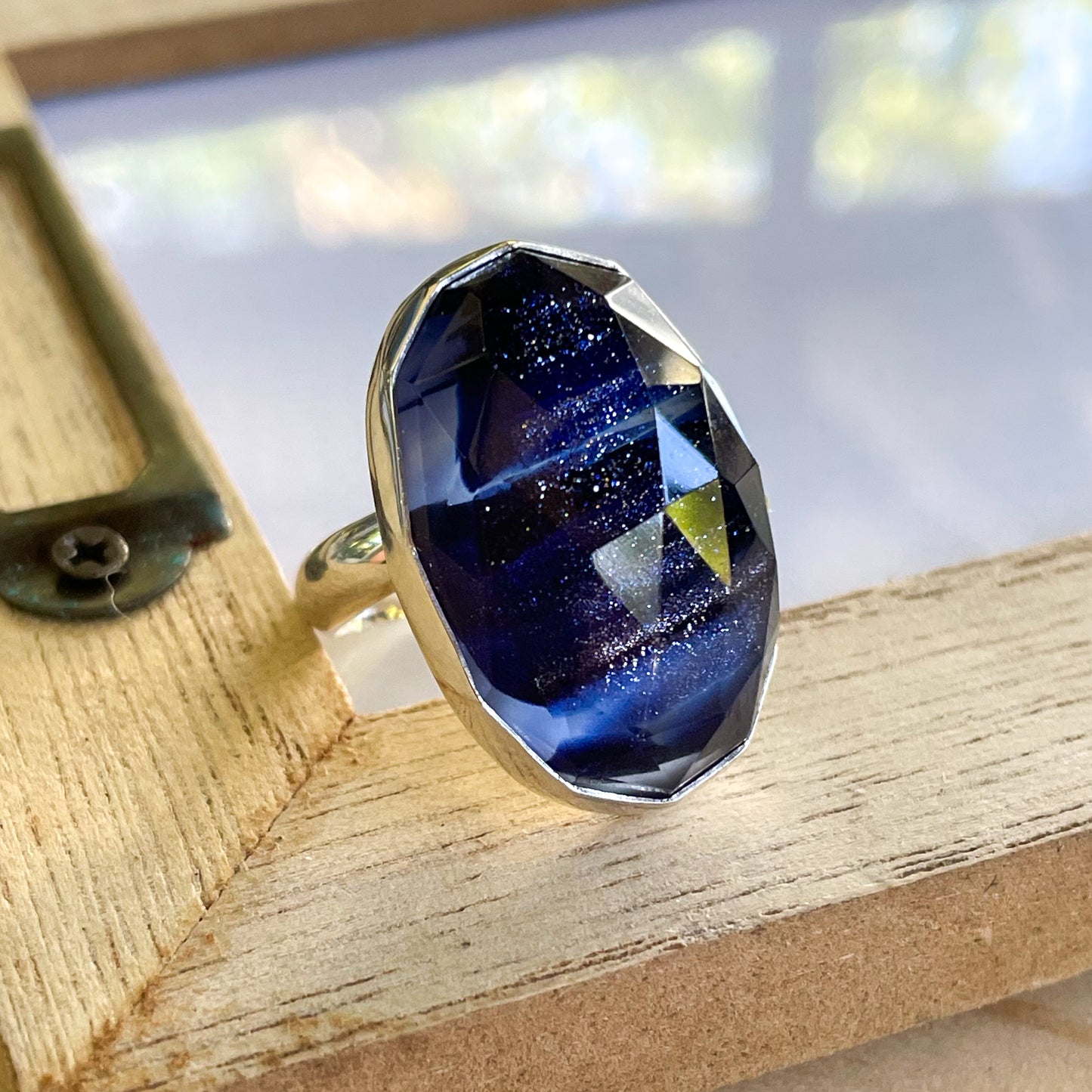 Blue Shimmer Doublet Ring - Solid Sterling Silver