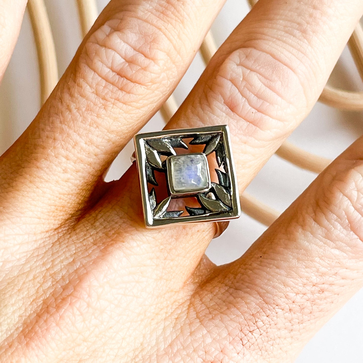 Rainbow Moonstone On-Point Ring - Solid Sterling Silver