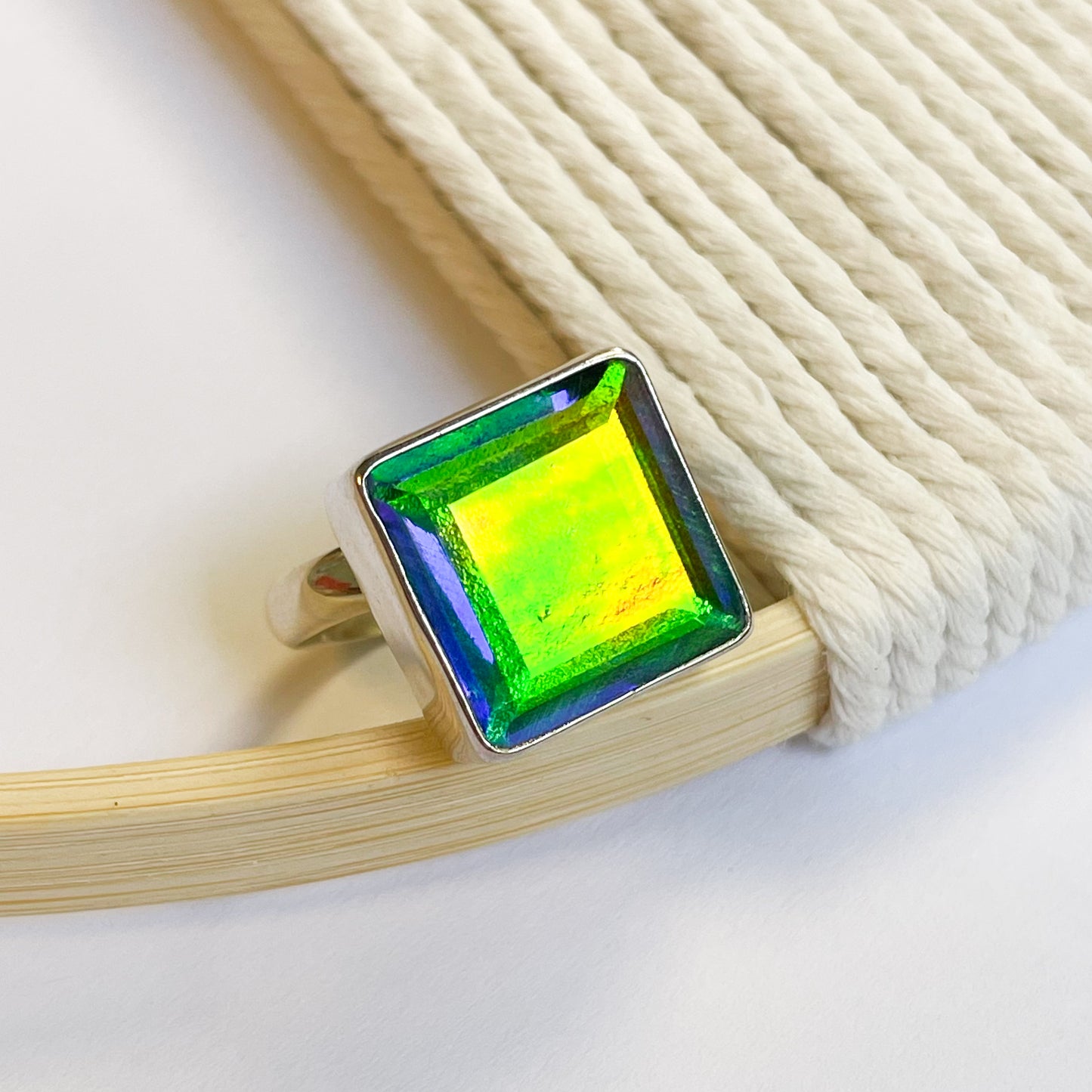 Square Mystical Glass Ring - Solid Sterling Silver