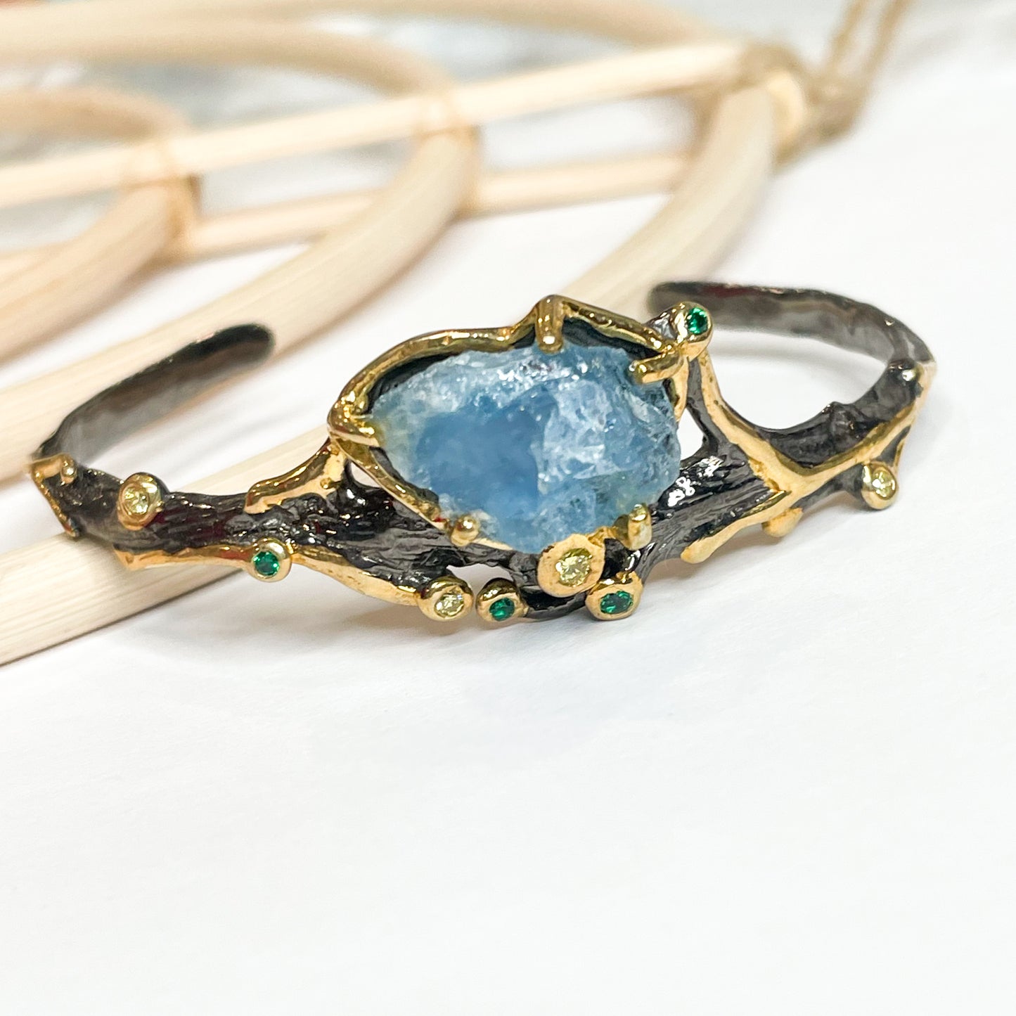 Aquamarine Gemstone Cuff - Solid Sterling Silver + 22k Gold