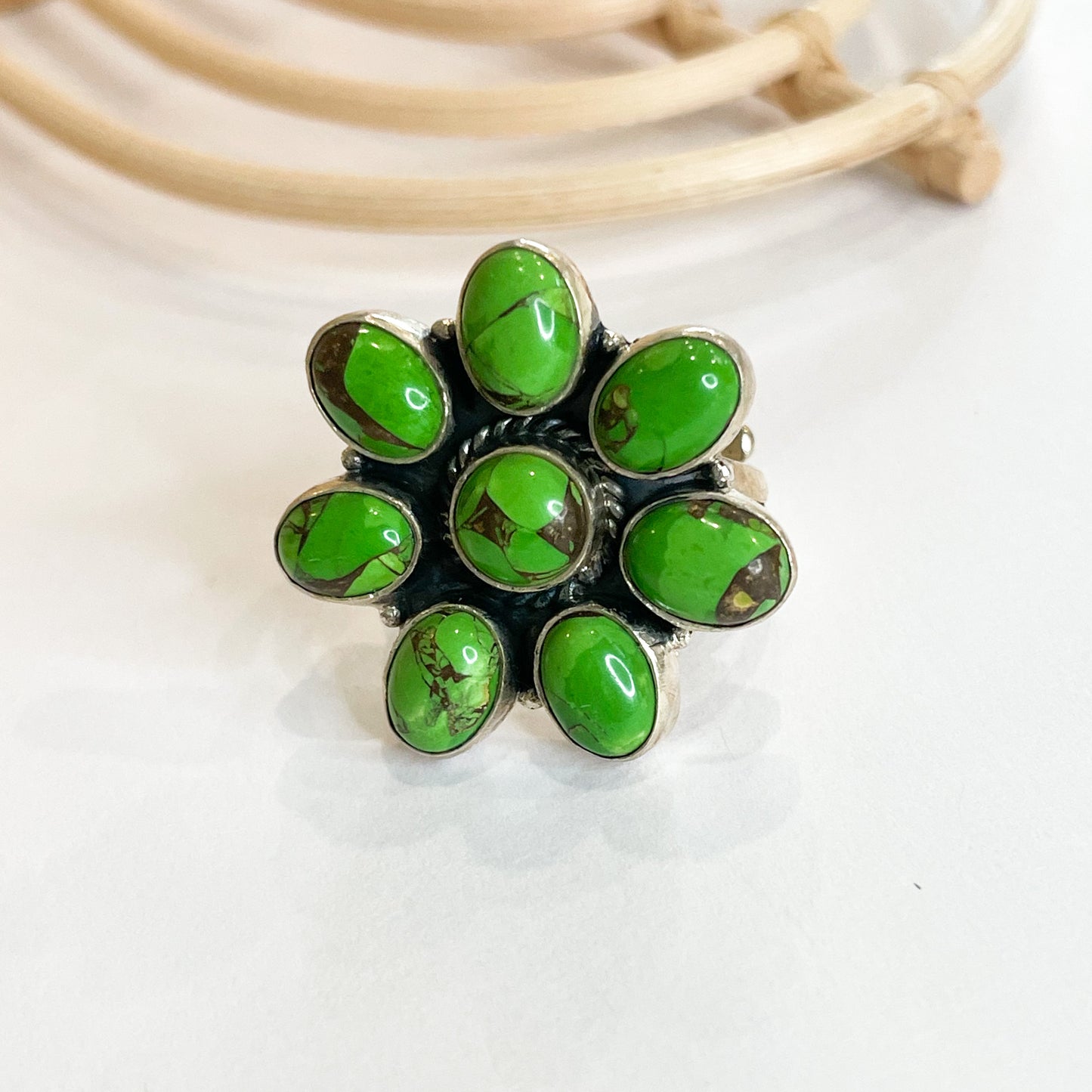Green Copper Infused Turquoise Flower Ring - Solid Sterling Silver
