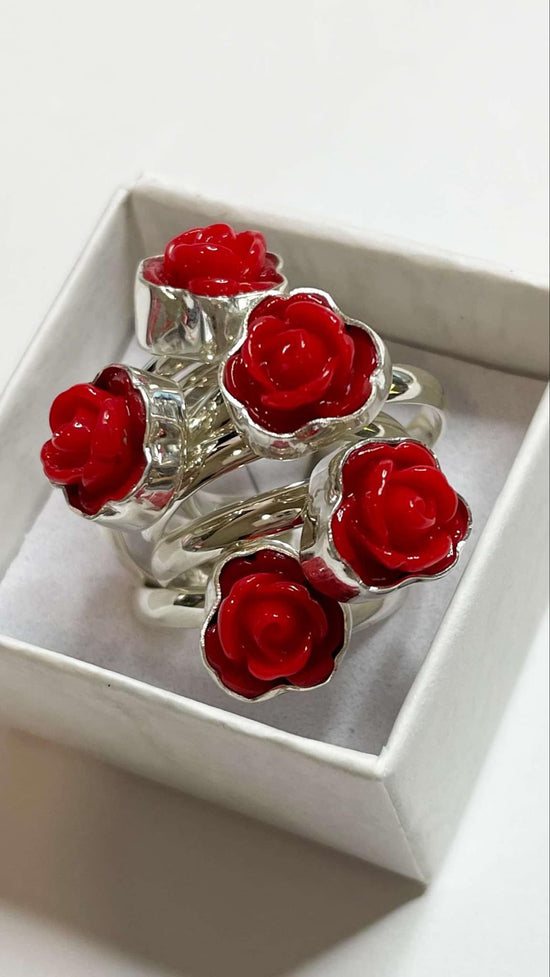 Mini Red Resin Rose Ring - Solid Sterling Silver