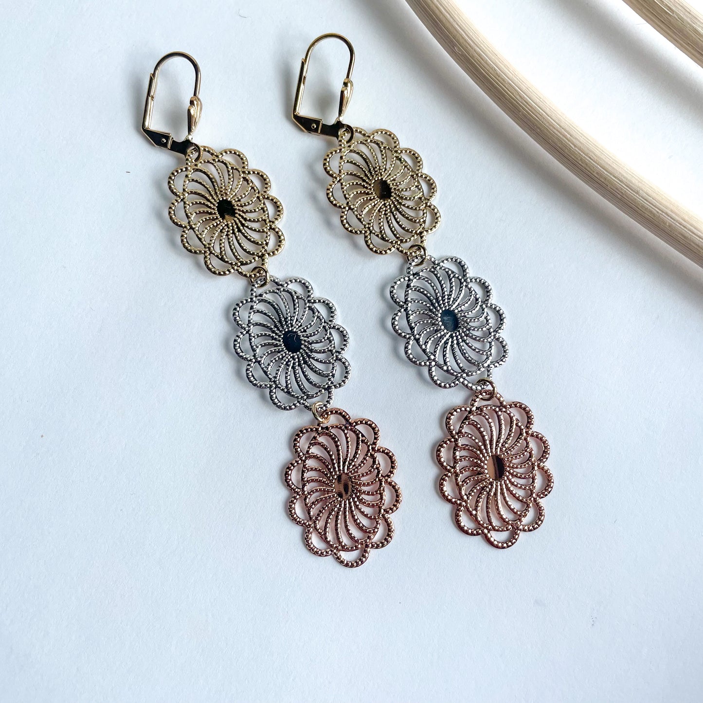 Tri Color Oval Flower Dangles - 18k Gold Filled