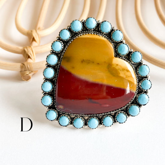 Mookaite Heart Statement Ring - Solid Sterling Silver w Mookaite or Turquoise Trim