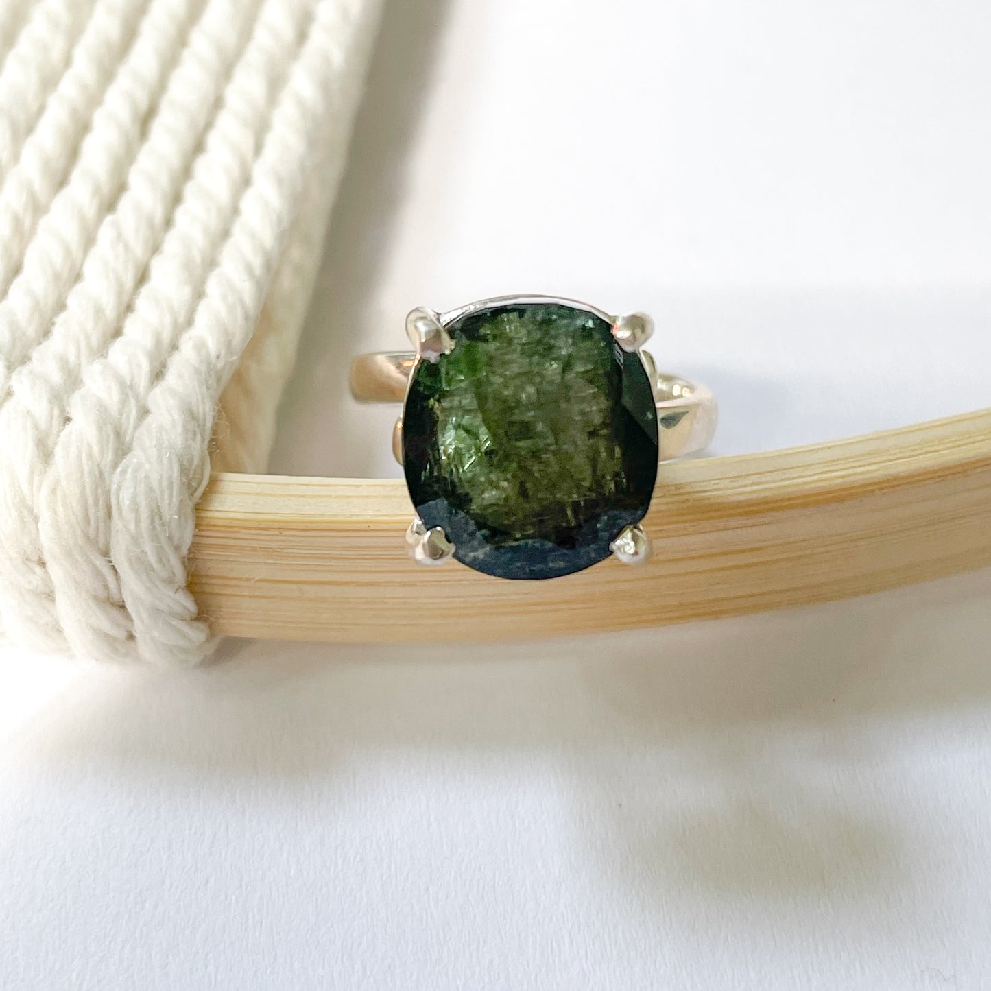 Green Tourmaline Prong Ring - Solid Sterling Silver