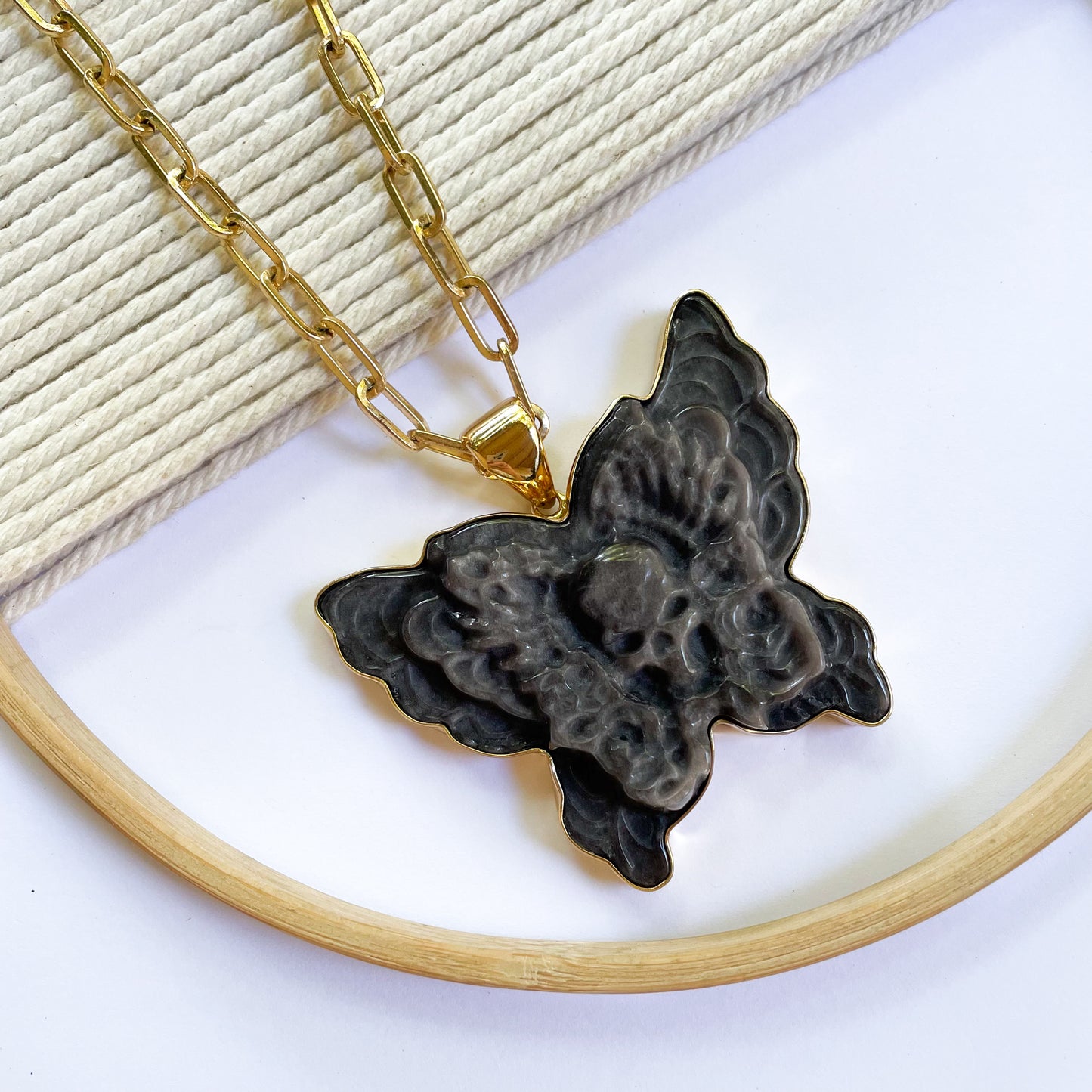 Sheen Obsidian Skull Butterfly Pendant - Alchemia Gold