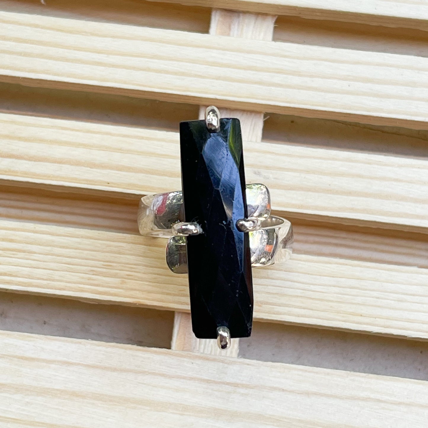 Black Obsidian Prong Ring - Solid Sterling Silver