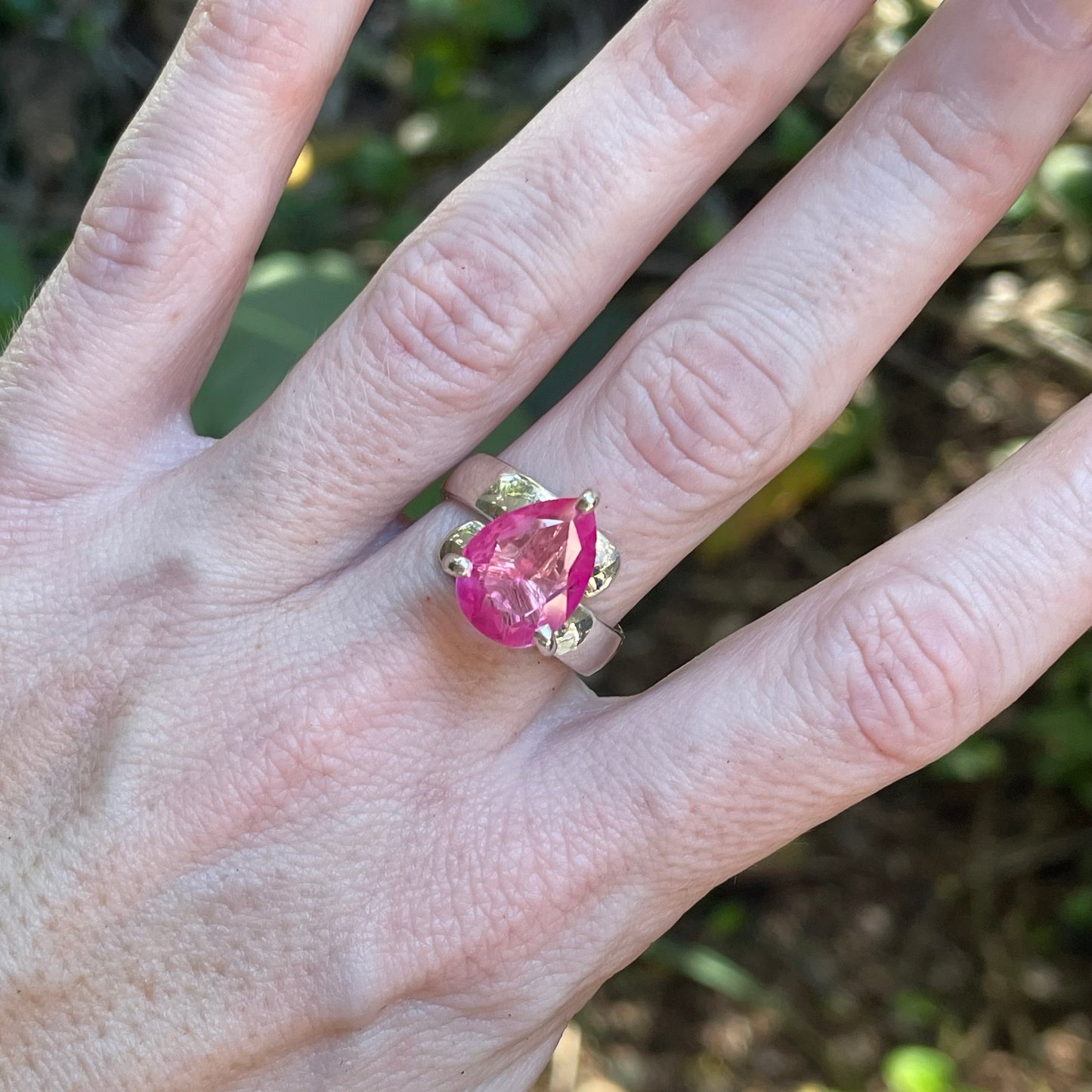 Hot Pink Glass Prong Ring - Solid Sterling Silver