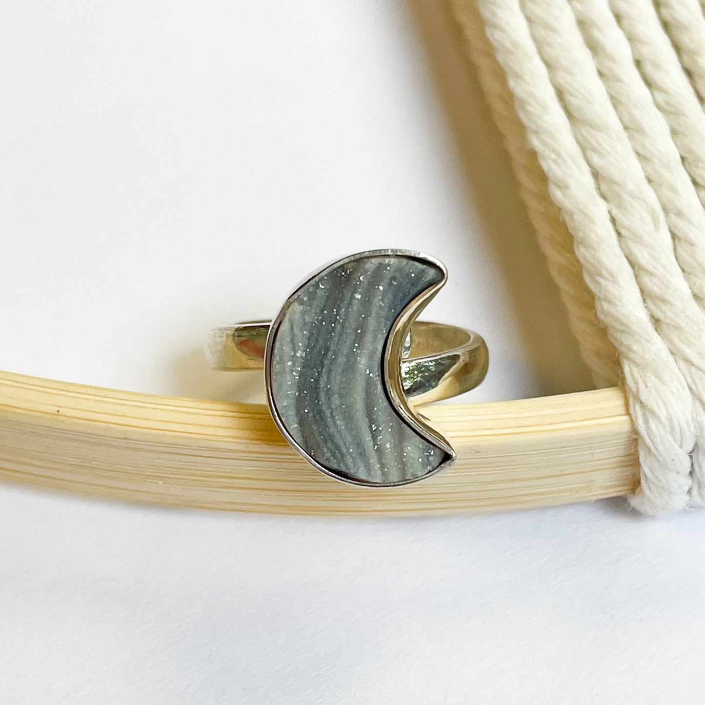 Dainty Dessert Druzy Moon Ring - Solid Sterling Silver