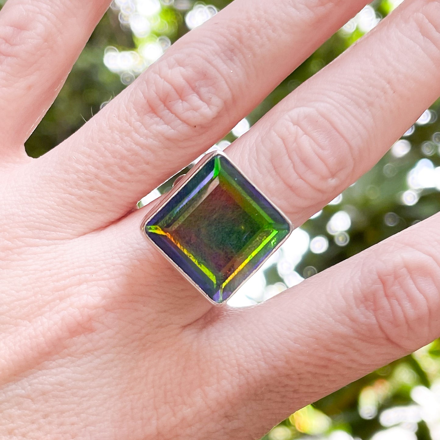 Square Mystical Glass Ring - Solid Sterling Silver
