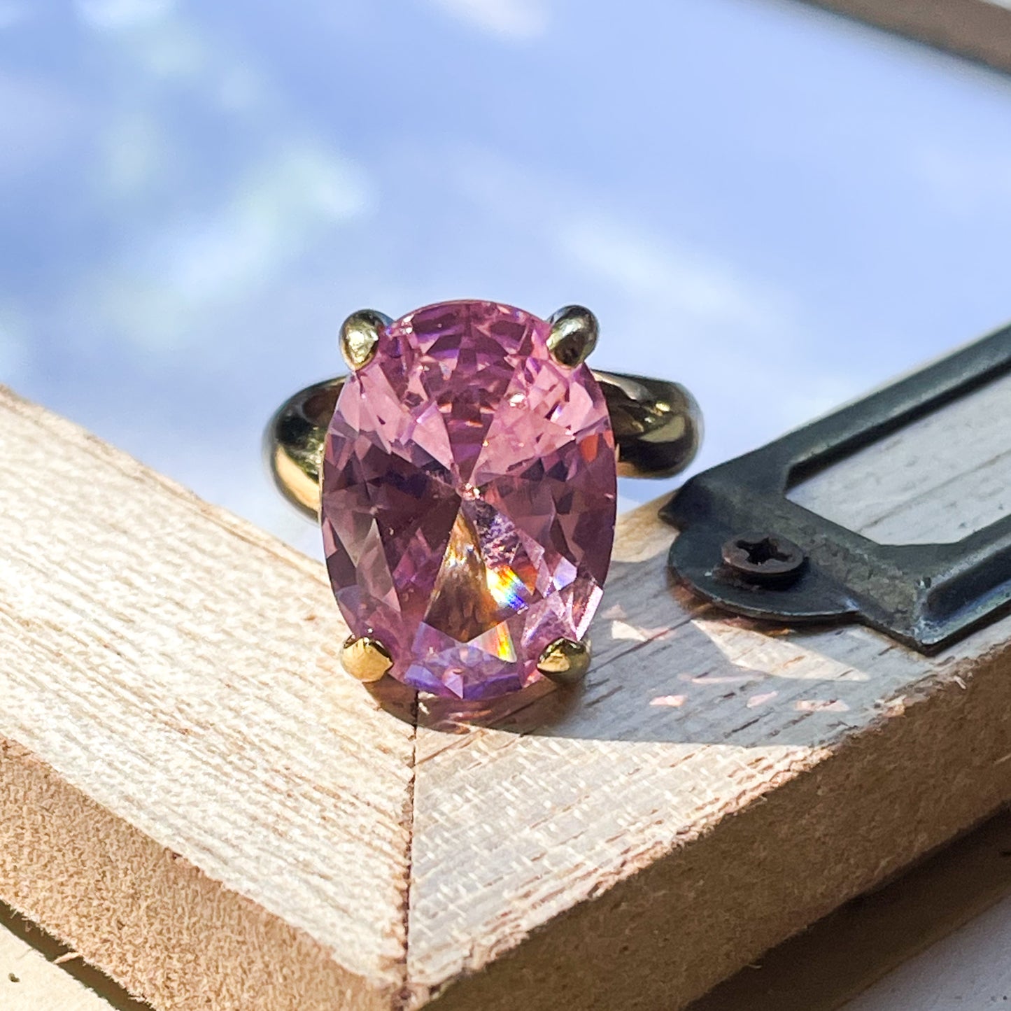 Pink CZ Large Rectangle Prong Ring - Solid Sterling Silver