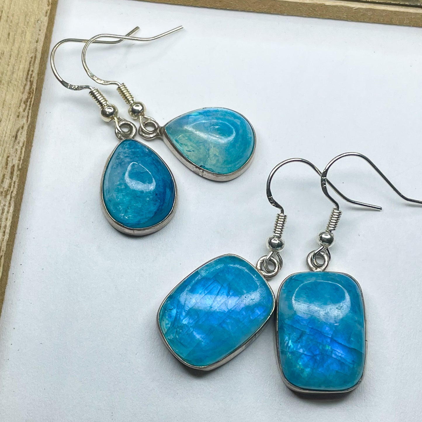 Blue Rainbow Moonstone Earrings - Solid Sterling Silver