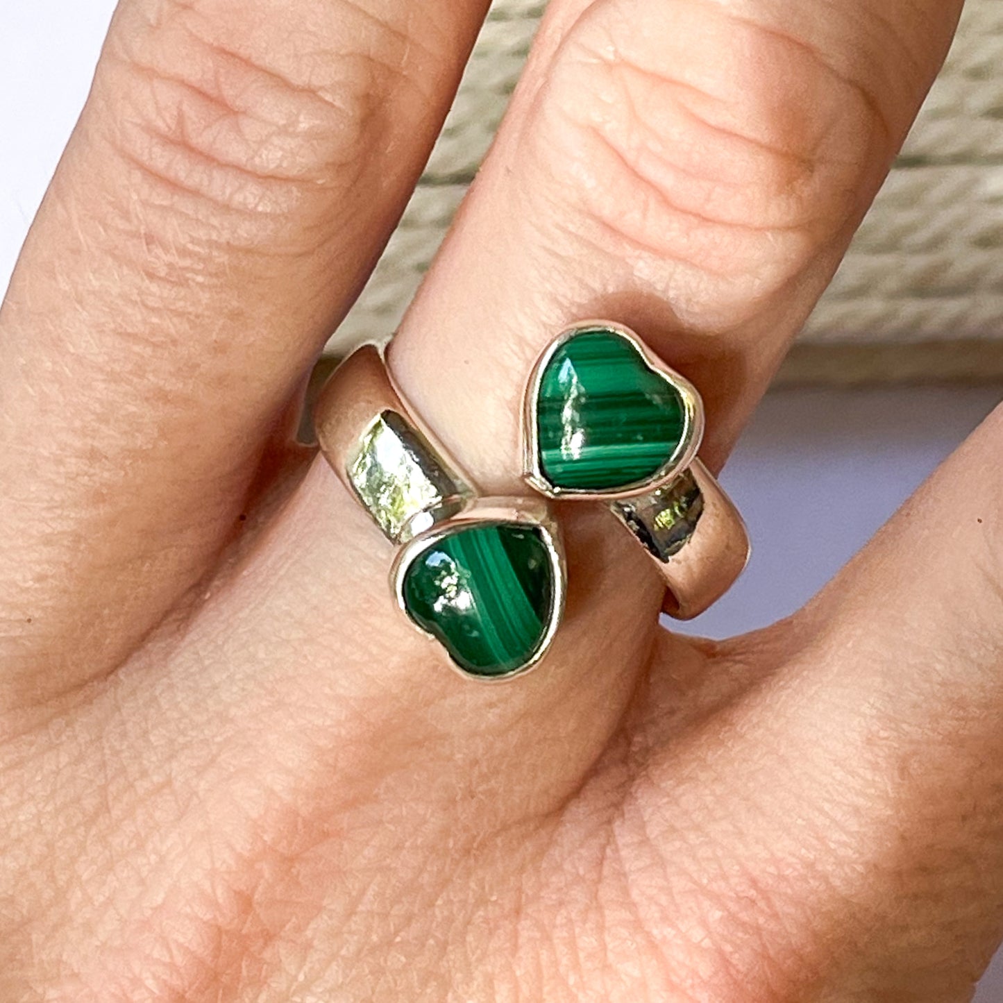 Malachite Heart Bypass Ring - Both Metals