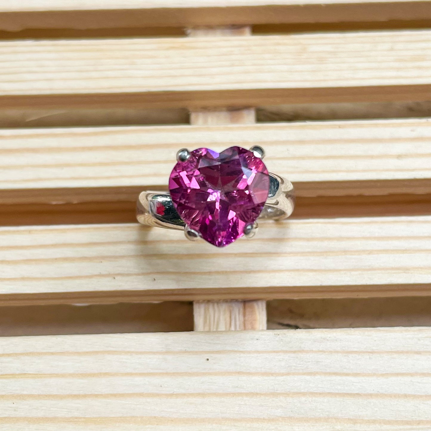 Pink Heart CZ Prong Ring - Solid Sterling Silver