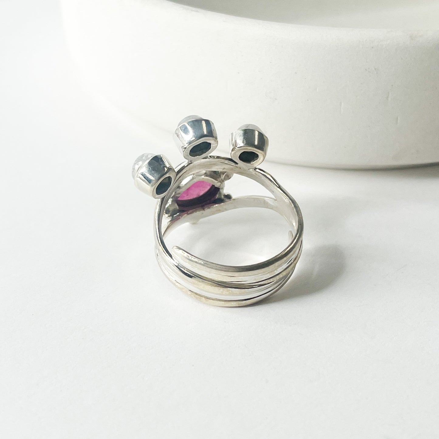 Evil Eye Garnet & Moonstone Ring - Solid Sterling Silver