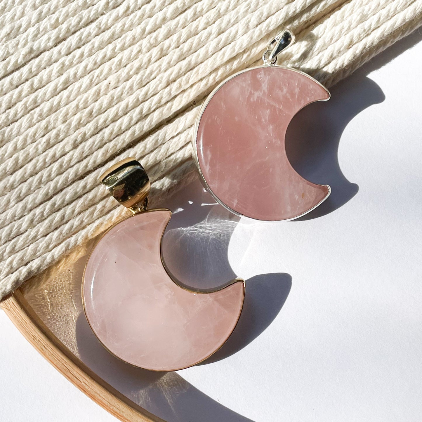 Rose Quartz Crescent Moon Pendant - Both Metals