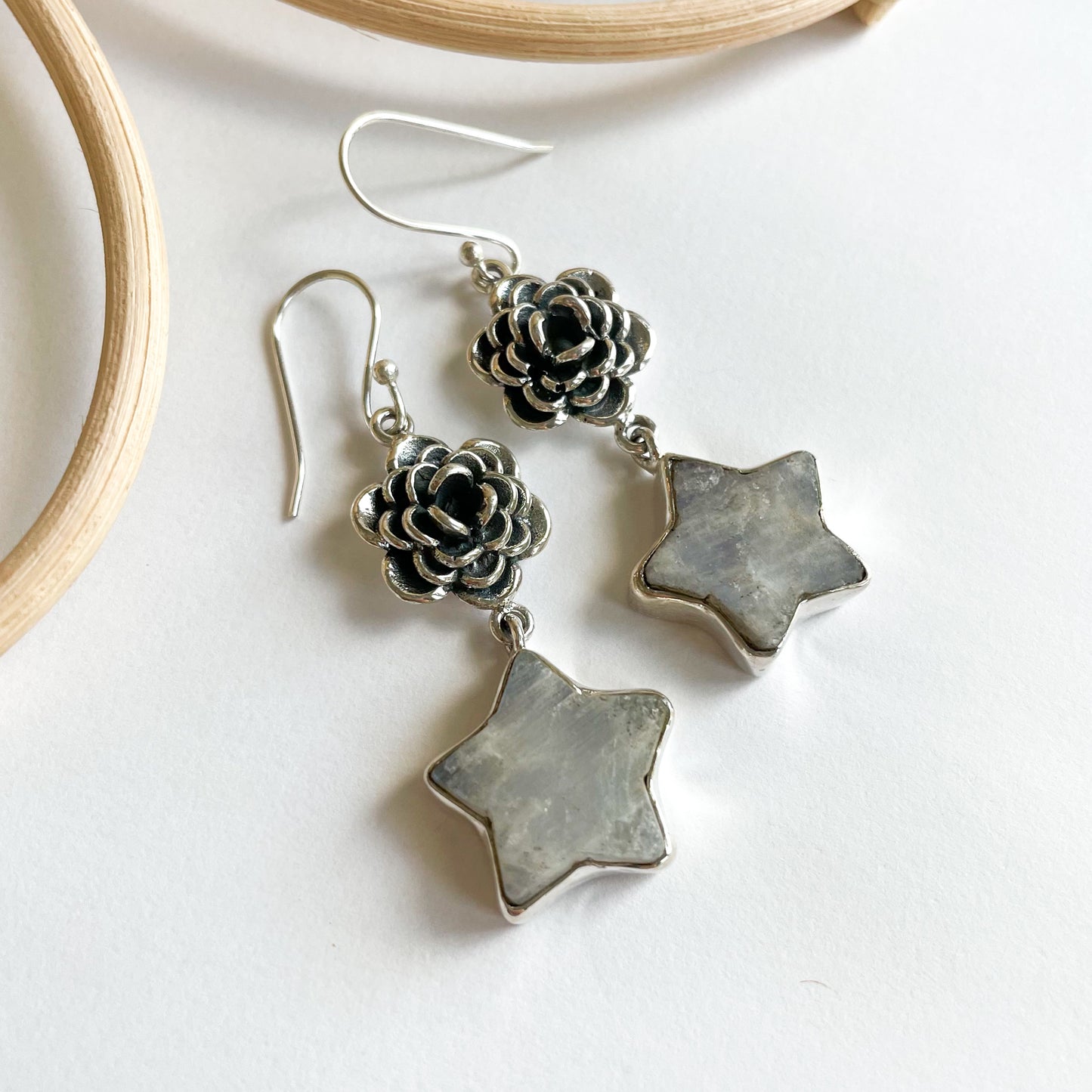 Raw Rainbow Moonstone & Rose Earrings - SSS