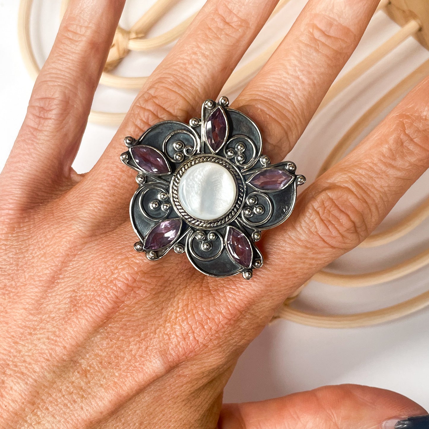 MOP & Amethyst Antique Flower Ring - Solid Sterling Silver