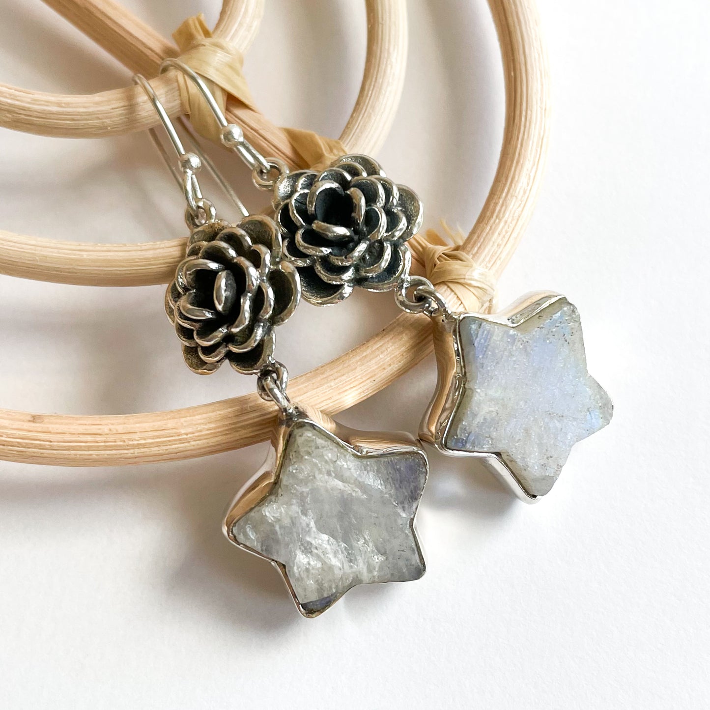 Raw Rainbow Moonstone & Rose Earrings - SSS