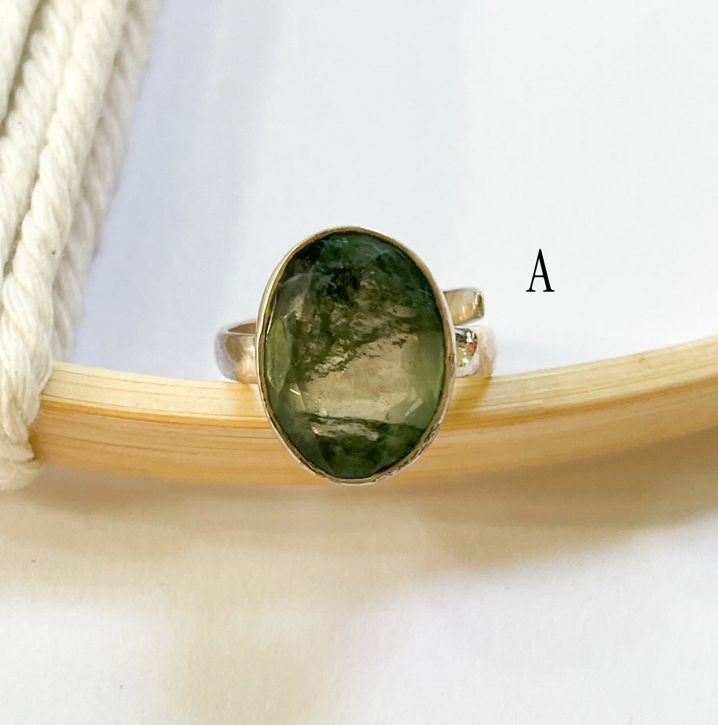 Faceted Dainty Moss Agate Ring - Solid Sterling Silver