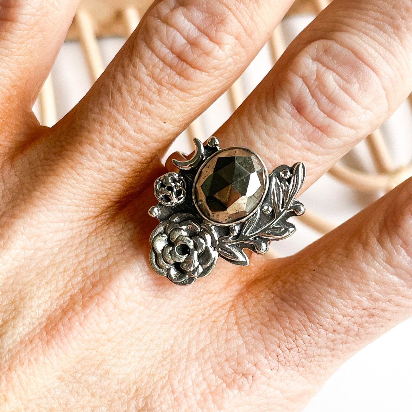 Pyrite Floral Ring - Solid Sterling Silver