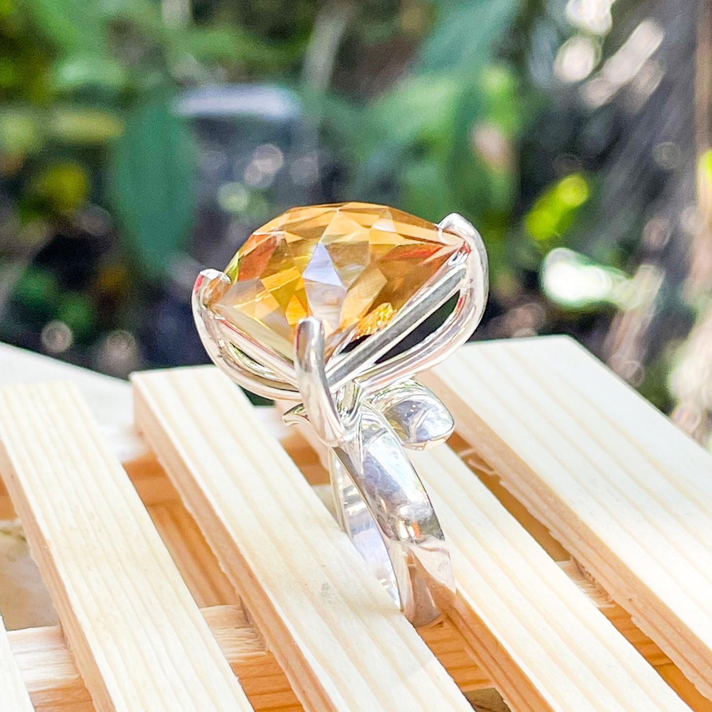 Trillion Champagne Faceted Cushion Glass Prong Ring- SSS