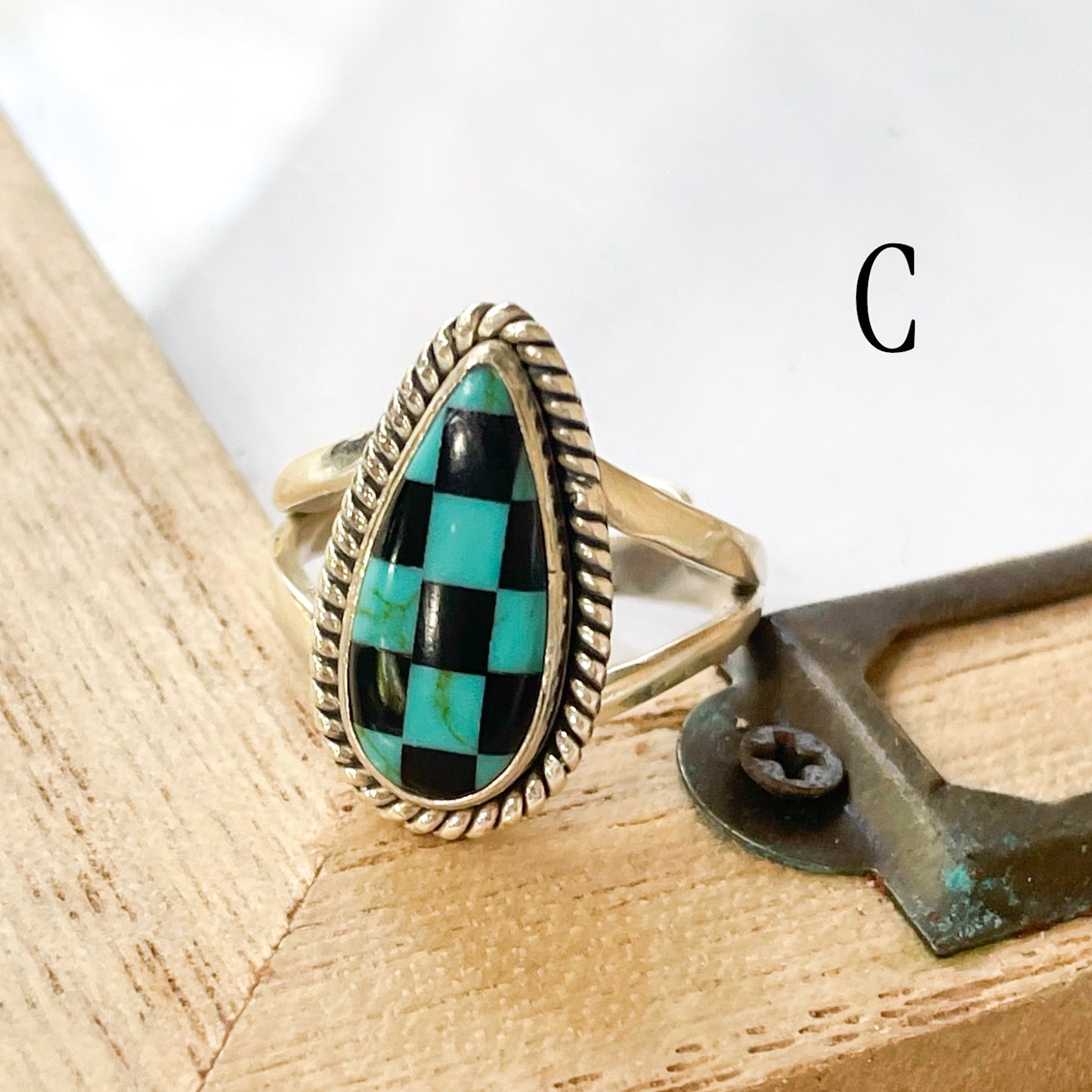 Turquoise & Blk Onyx Inlay Ring - Solid Sterling Silver