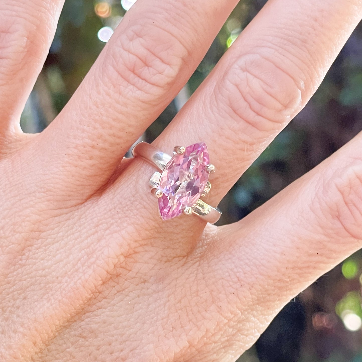 Pink Sapphire Marquise Prong Ring - Solid Sterling Silver