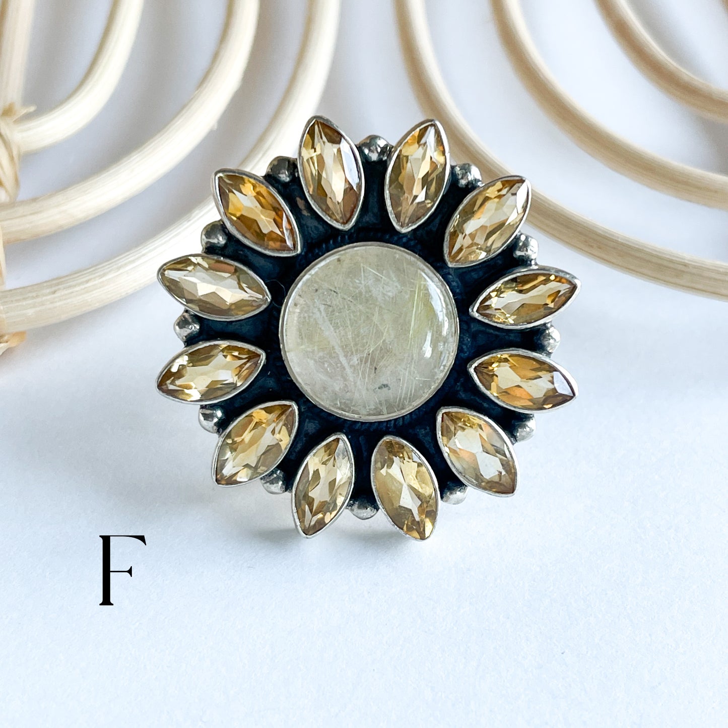 Golden Rutile & Citrine Statement Ring -  Solid Sterling Silver