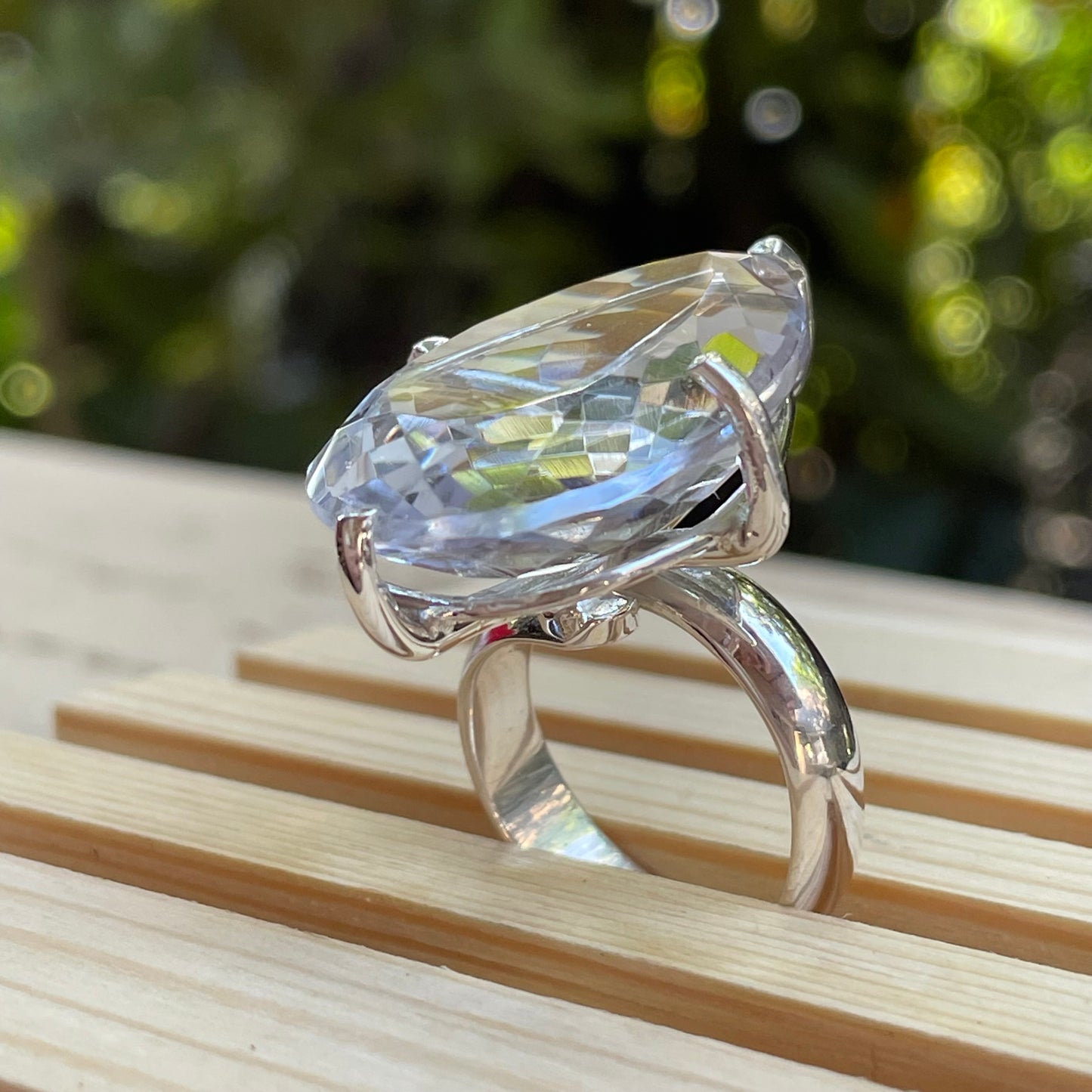 Faceted Aquamarine Blue Glass Prong Ring -  Solid Sterling Silver