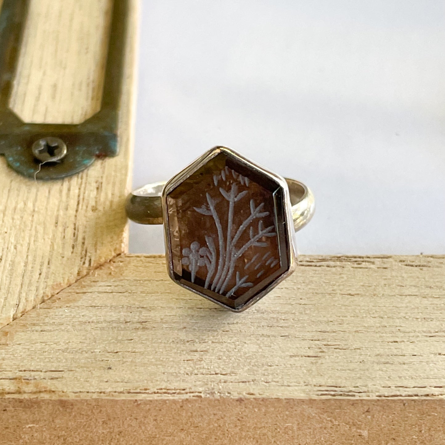 Smokey Flower Carved Ring - Both Metals