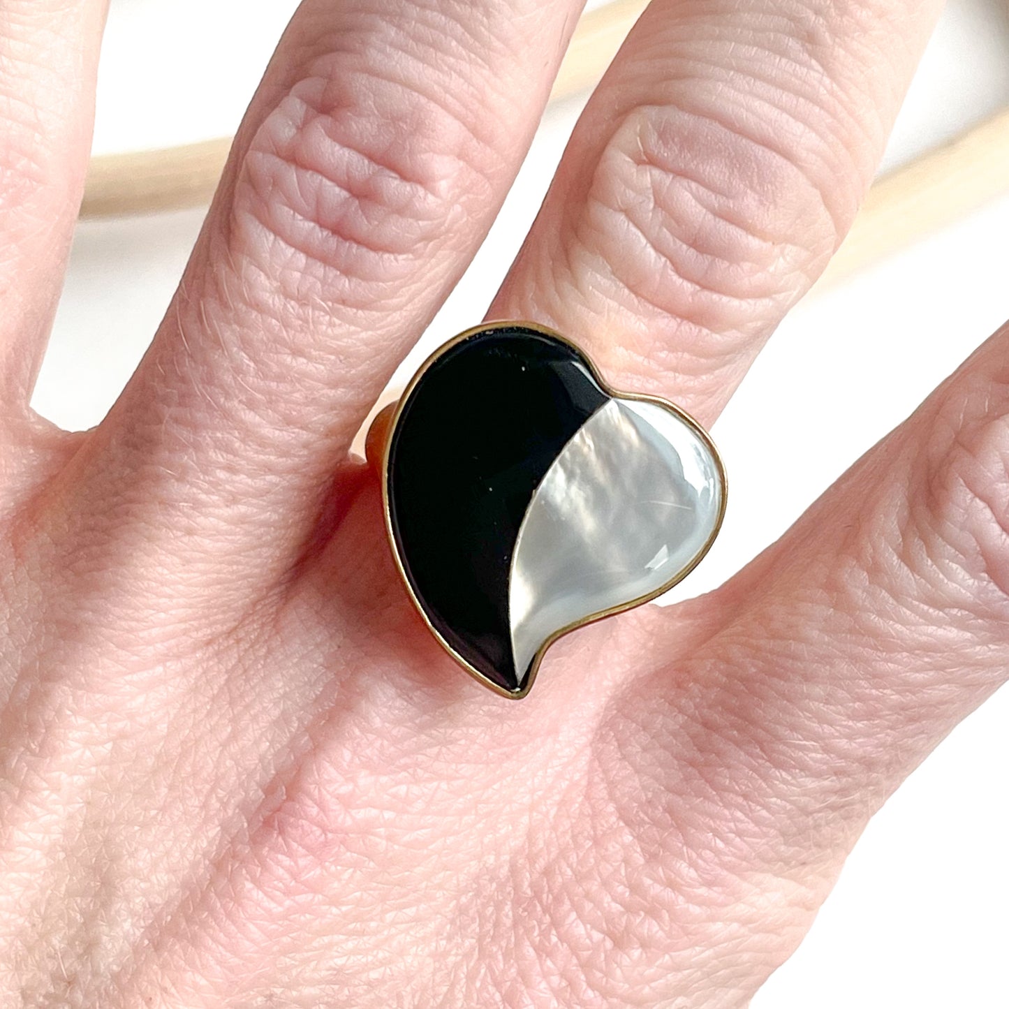 Mother Of Pearl & Black Onyx Heart Ring - Alchemia
