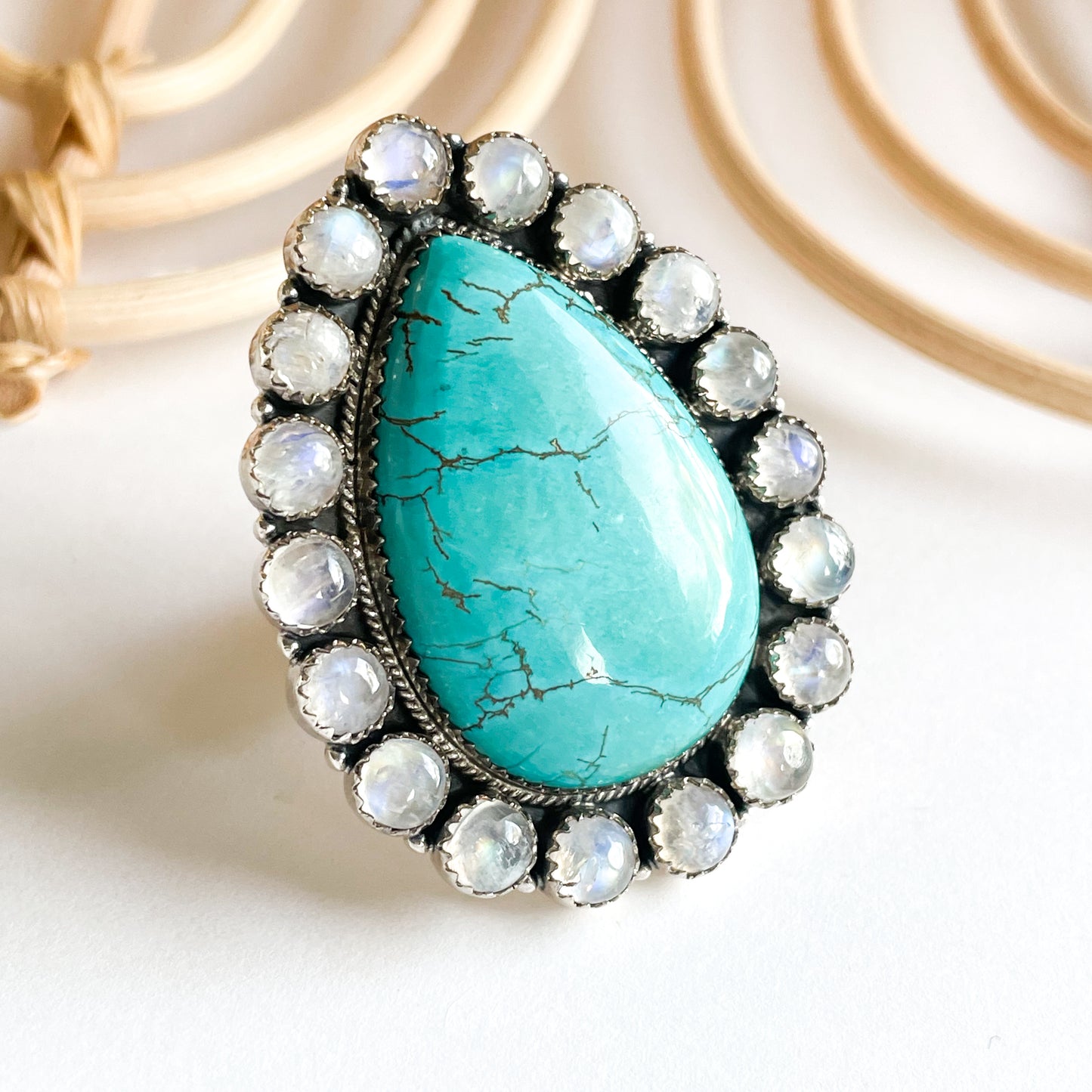 Moonstone & Turquoise Teardrop Statement Ring - Solid Sterling Silver