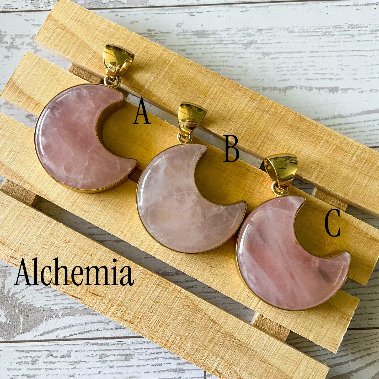 Rose Quartz Crescent Moon Pendant - Both Metals