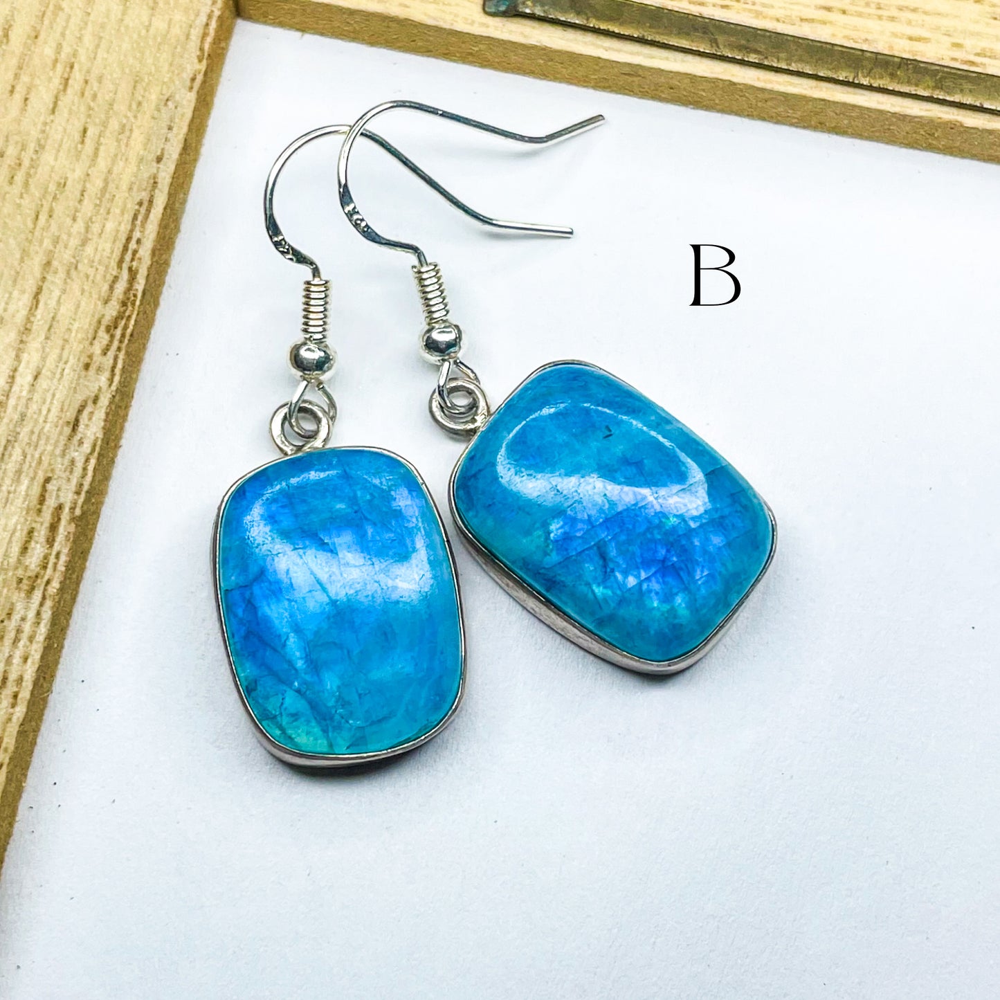Blue Rainbow Moonstone Earrings - Solid Sterling Silver