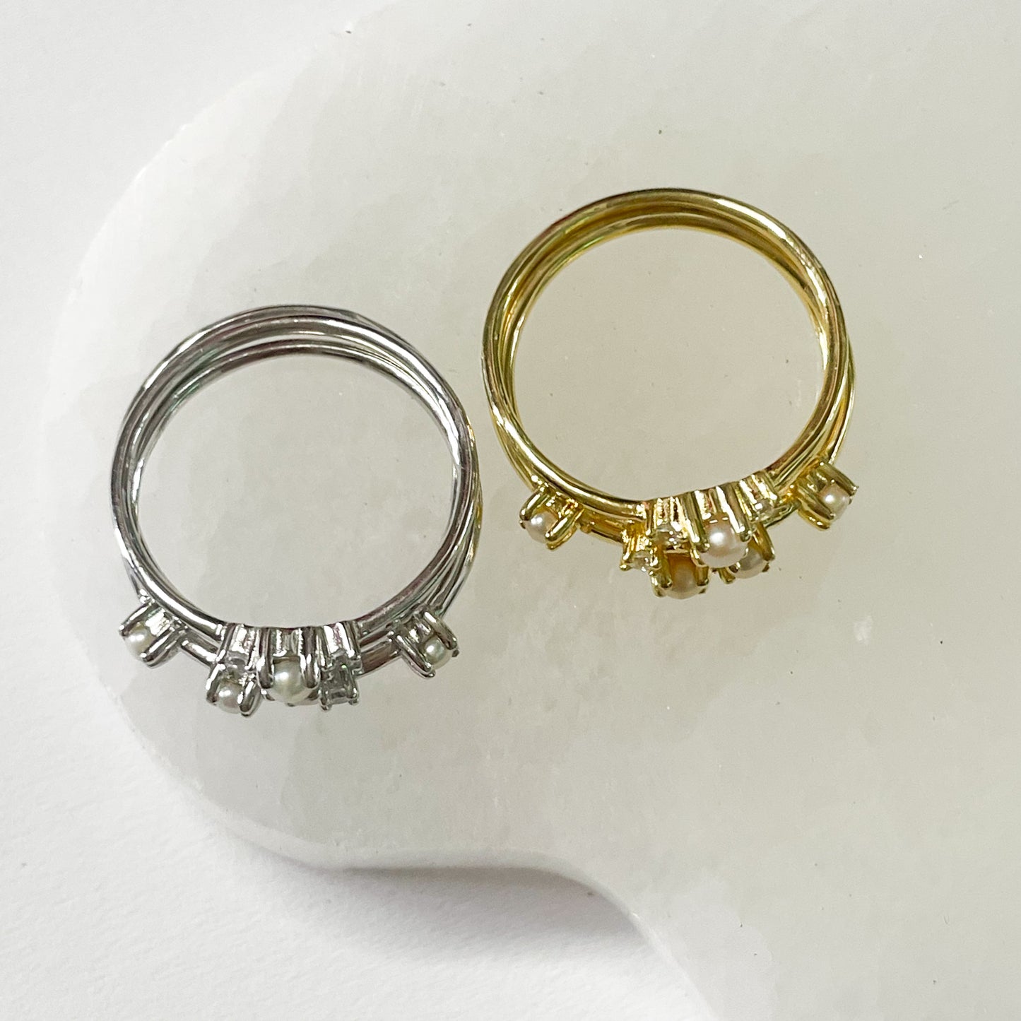 Triple Pearl & CZ Stack Rings -SSS or Vermeil