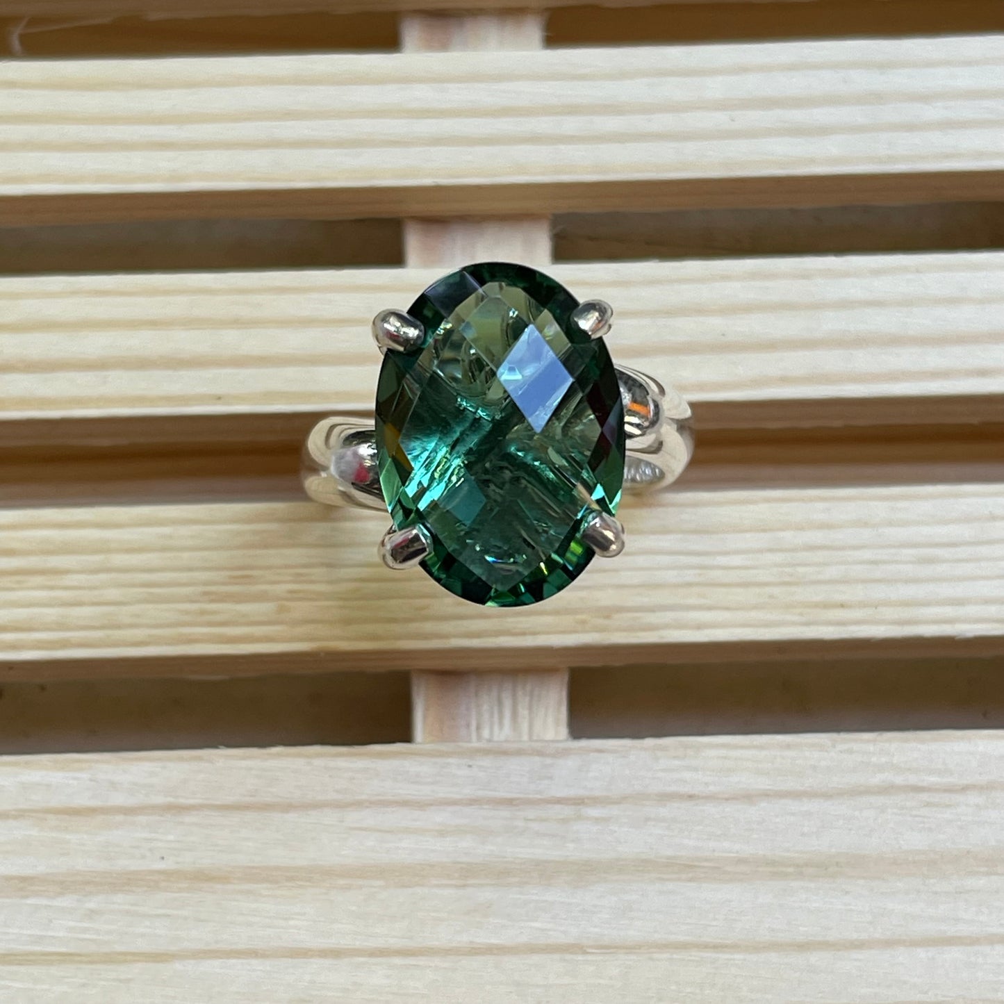 Green Quartz Faceted Prong Ring - Solid Sterling Silver