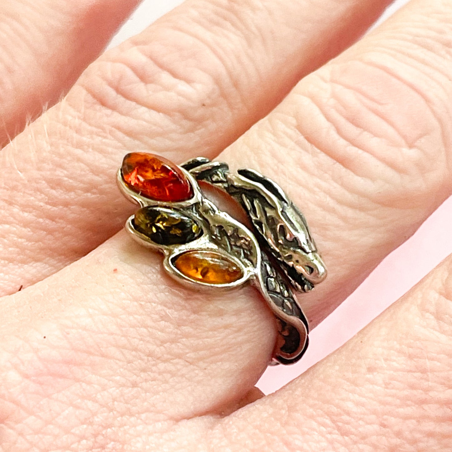 Dragon Amber Bypass Ring - Solid Sterling Silver