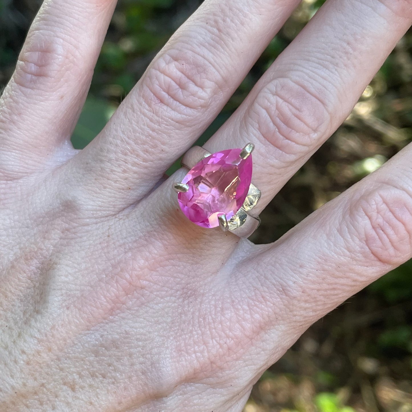 Hot Pink Glass Prong Ring - Solid Sterling Silver