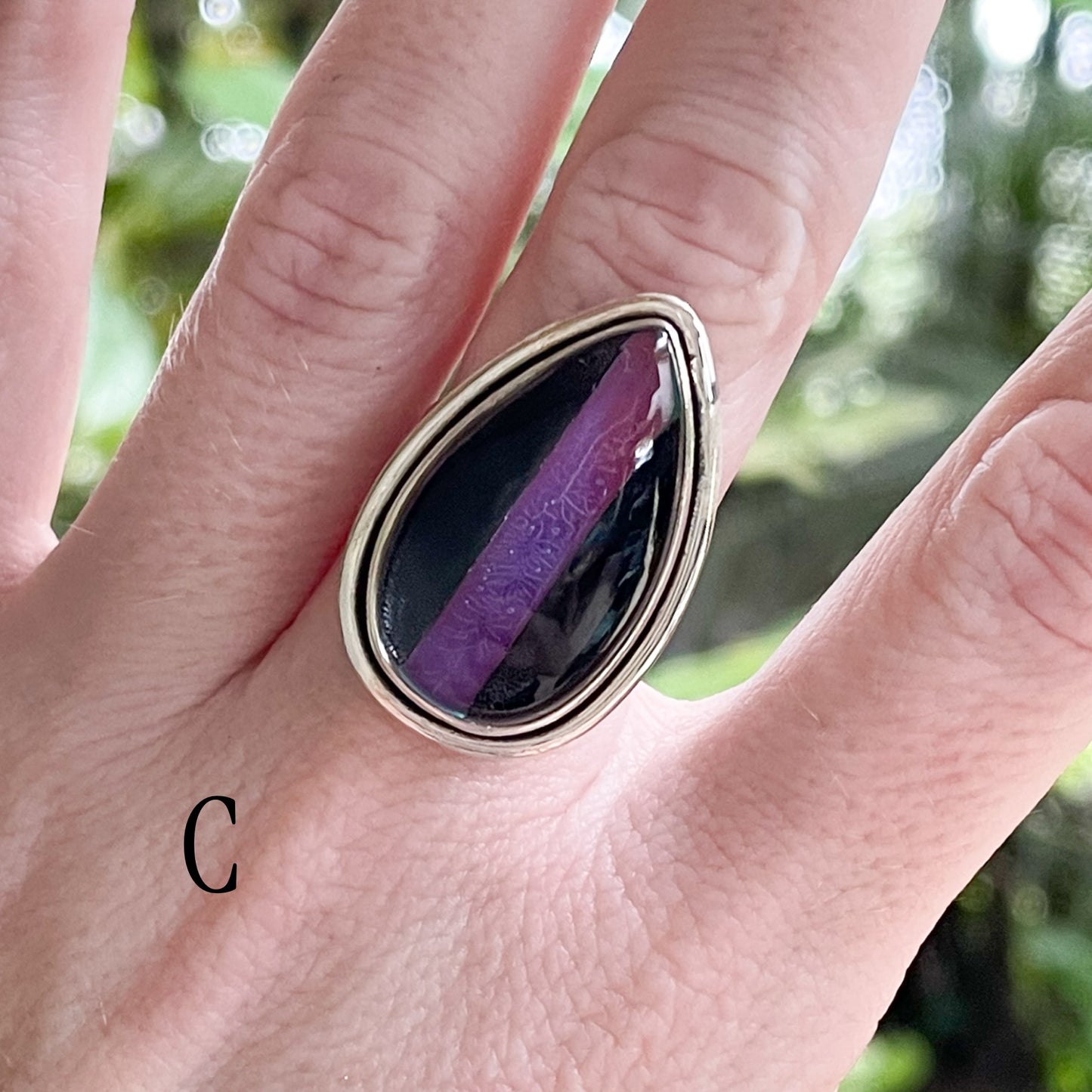 Blk Onyx & Single Galaxy Opal Inlay Ring - Solid Sterling Silver