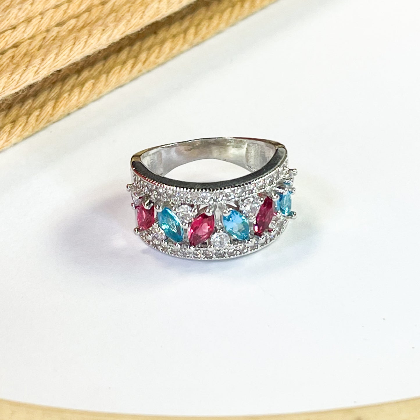Baby Pink & Blue CZ Sized Ring - Rhodium
