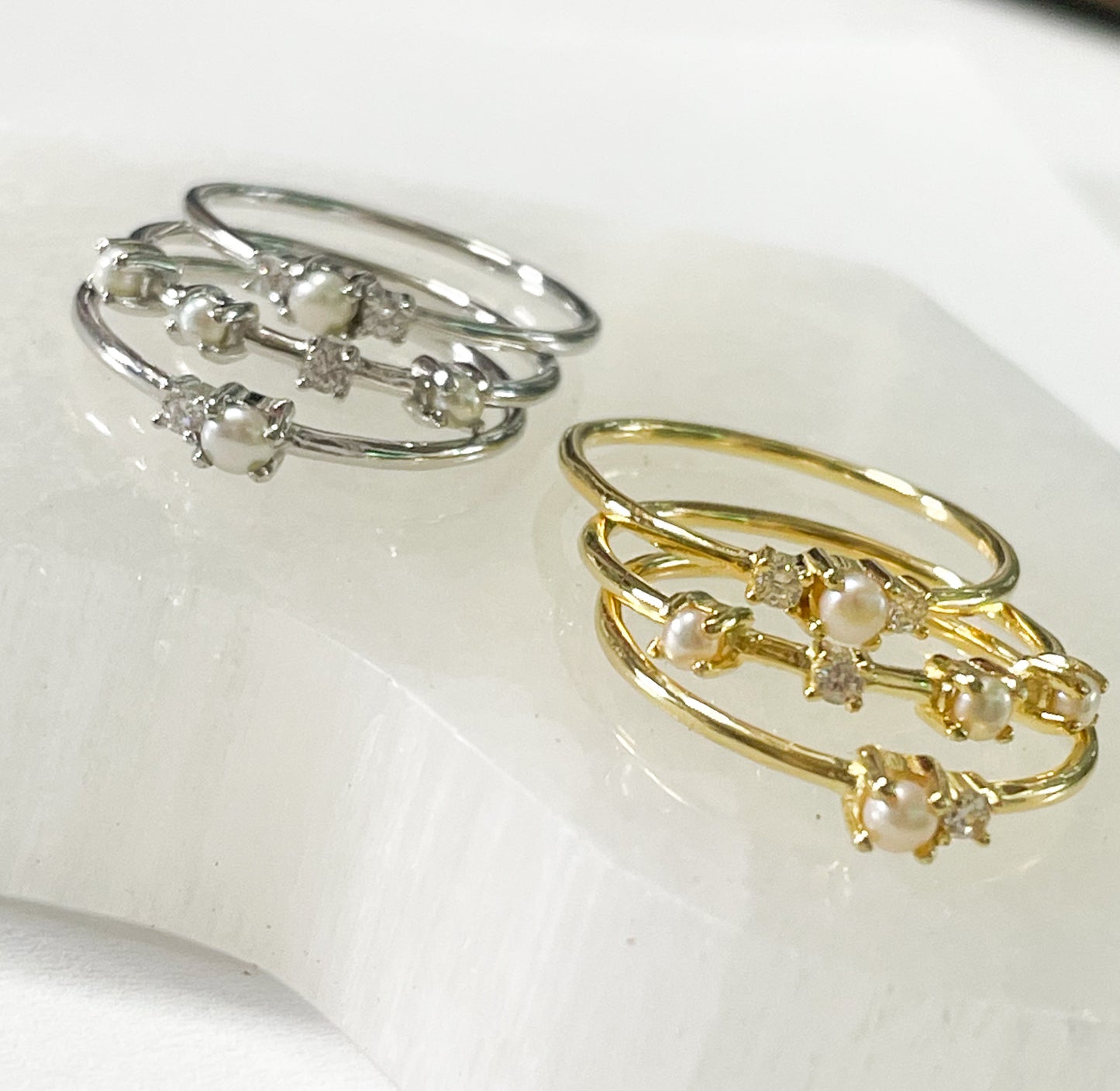 Triple Pearl & CZ Stack Rings -SSS or Vermeil