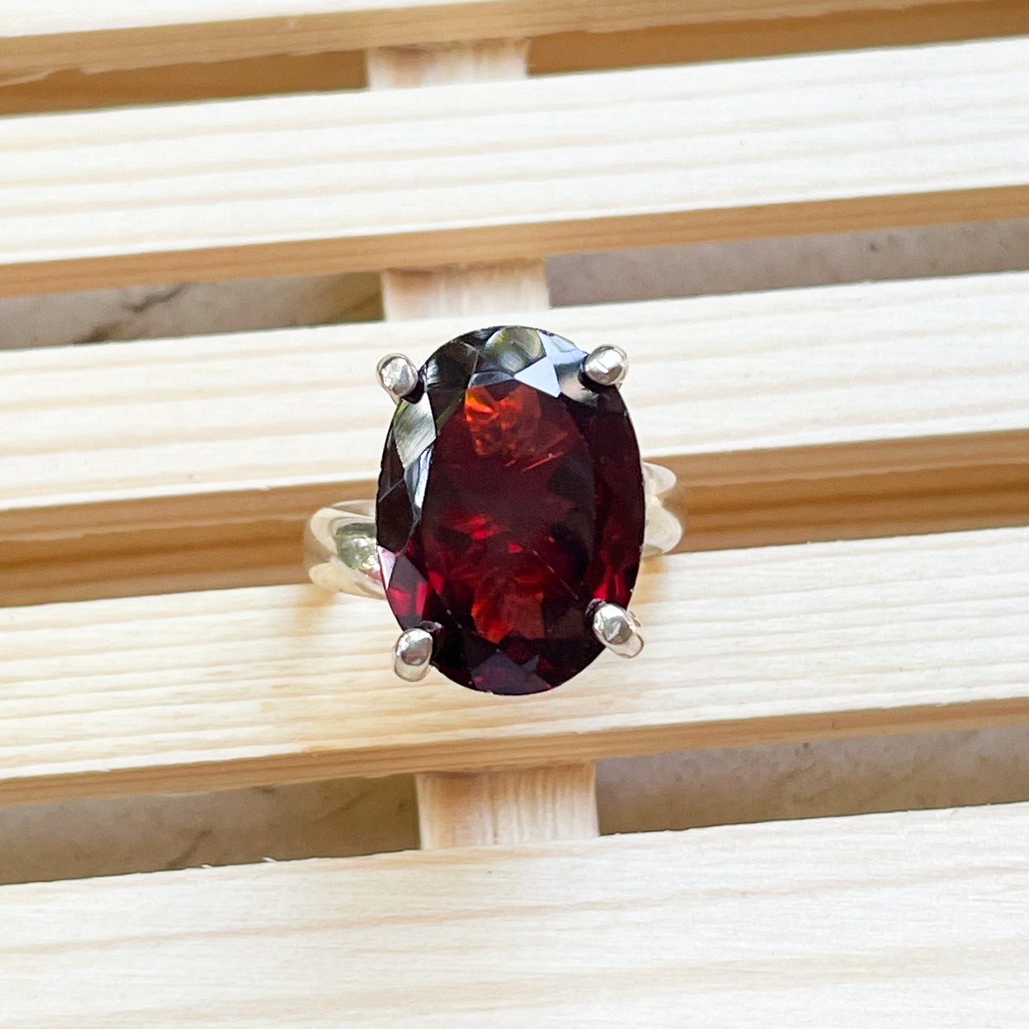 Oval Garnet Nano Glass Prong Ring - Solid Sterling Silver