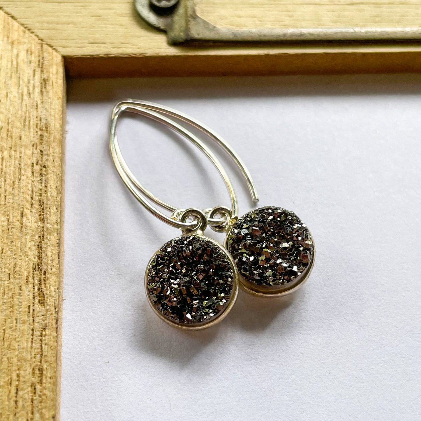 Black Druzy Dot Dangle Earrings - Sterling Silver