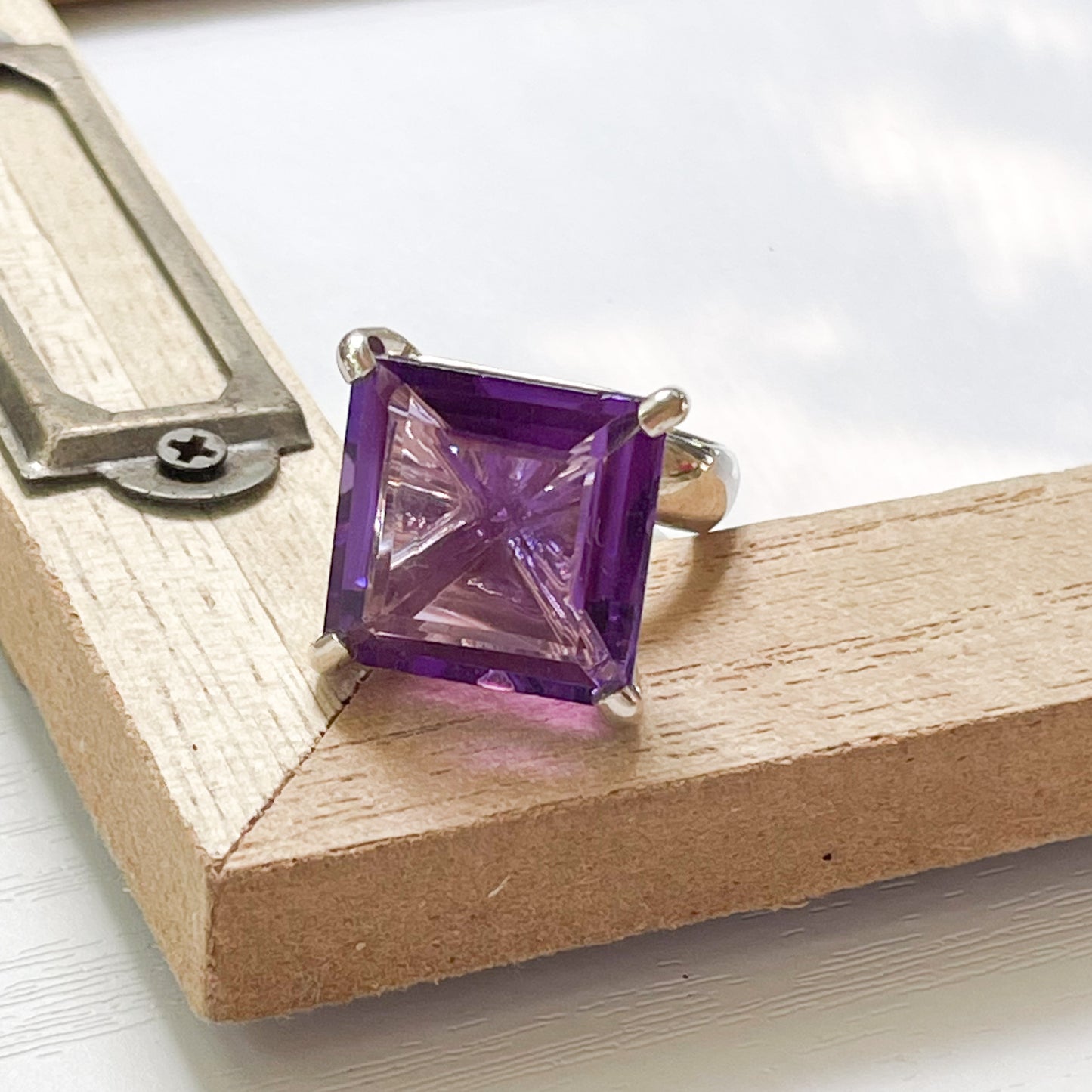 Amethyst Square Prong Set Ring-Solid Sterling Silver