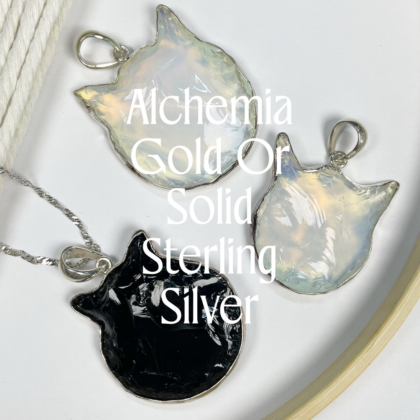 Opalite & Black Kitty Cat Head Pendant - Both Metal