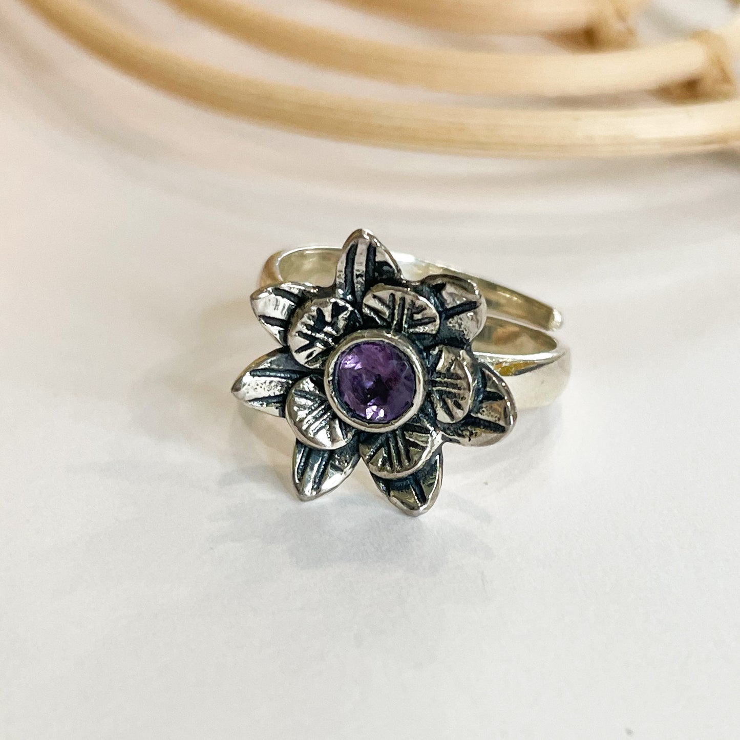 Amethyst Flower Ring - Solid Sterling Silver