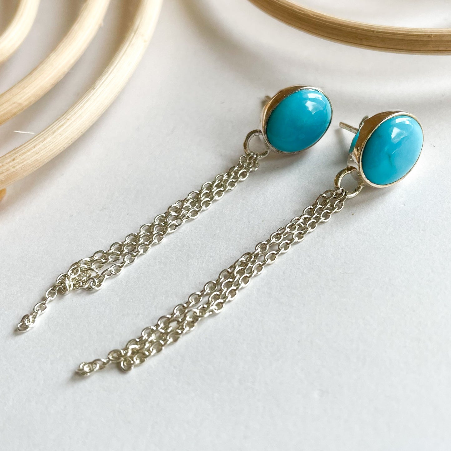Turquoise Post Dangles w Chains - Solid Sterling Silver